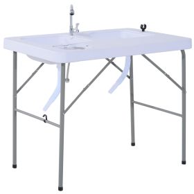 Outsunny Folding Camping Table with Faucet and Dual Water Basins, Outdoor Fish Table Sink Station, for Picnic, Fishing, 40''