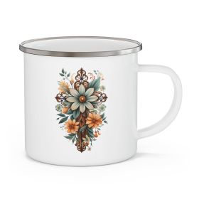 Enamel Camping Mug, Green Brown Christian Cross Floral Bouquet Illustration