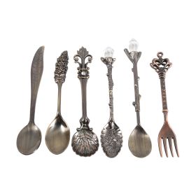 6Pcs/Set Retro Royal Style Metal Mini Coffee Spoons and Fork Kitchen Fruit Accessories Golden (Option: Bronze)