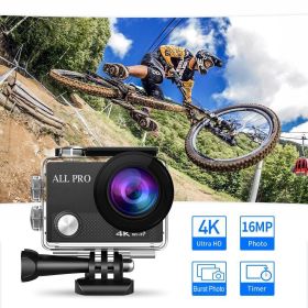 4K Action Pro Waterproof All Digital UHD WiFi Camera + RF Remote And Accessories (Color: Black)